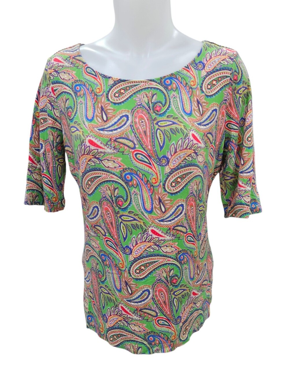 VTG Ralph Lauren Green Paisley Viscose Top Stretchy Bright Multicolor LRL Sz M